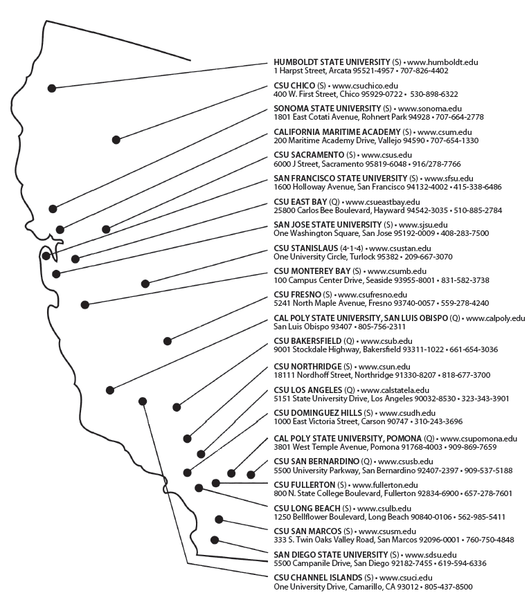 State map showing the locations of the various California State Universities.